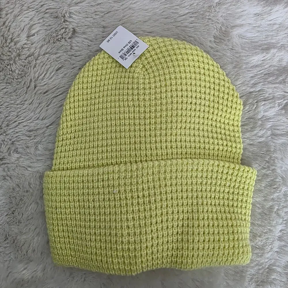 American Eagle Lime Yellow Waffle Knit Beanie NWT Green Unisex Winter Hat OS